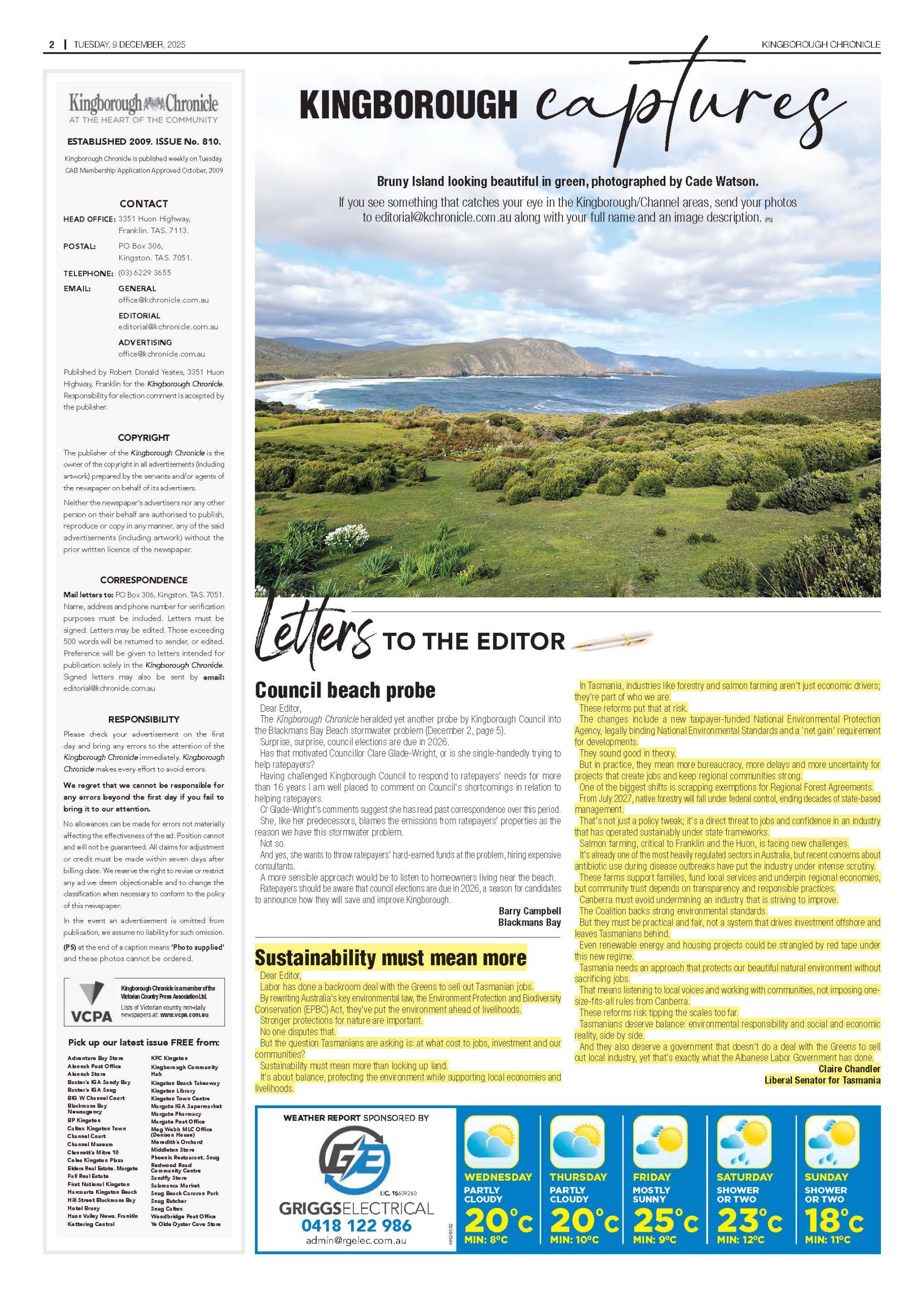 Kingborough Chronicle, 9 December 2025: letter to the editor "Sustainability must mean more" by Senator Claire Chandler