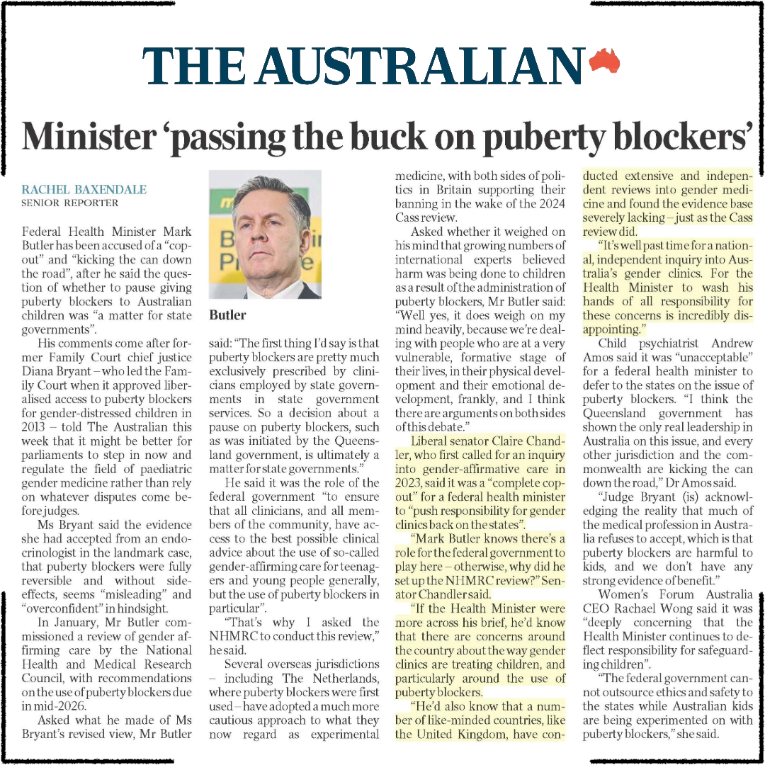 The Australian: Minister ‘passing the buck on puberty blockers’, by Rachel Baxendale